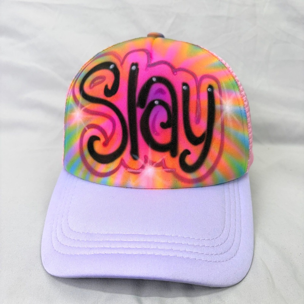 Unbranded Trucker Hat Slay Graphic Womens OS Purple Tie Dye Snapback Mesh